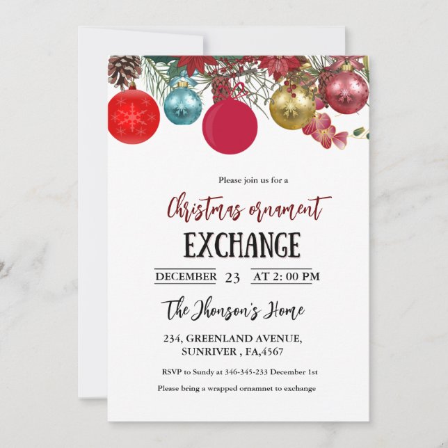 Invitation de la fête d'échange d'ornement de Noël (Devant)