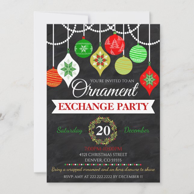 Invitation de la fête d'échange d'ornement de Noël (Devant)