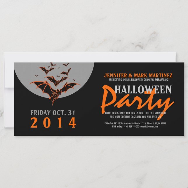Invitation de la fête d'Halloween Bats noirs et or (Devant)