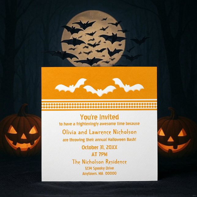 Invitation de la fête d'Halloween Batty, Orange &  (Orange and White Gone Batty Halloween Party Invitation)