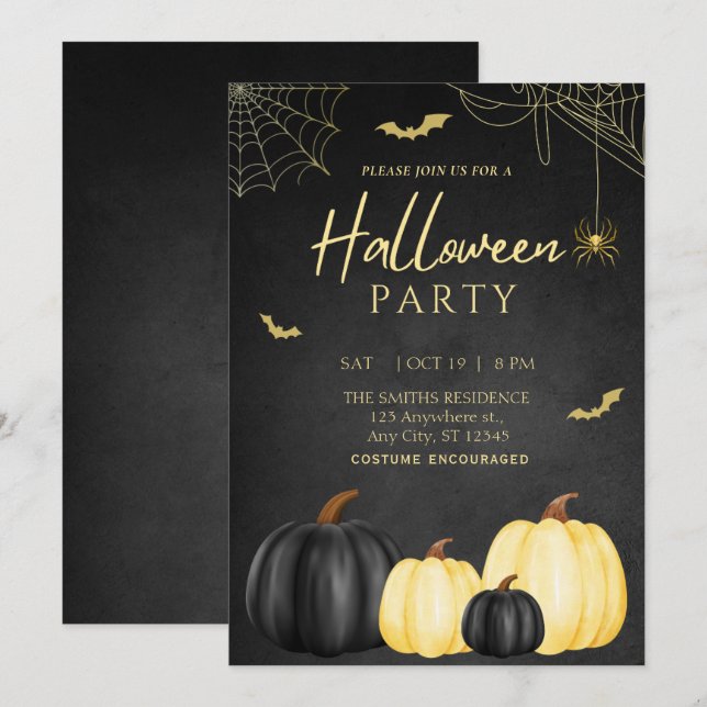 Invitation de la fête d'Halloween Citrouille noir (Devant / Derrière)