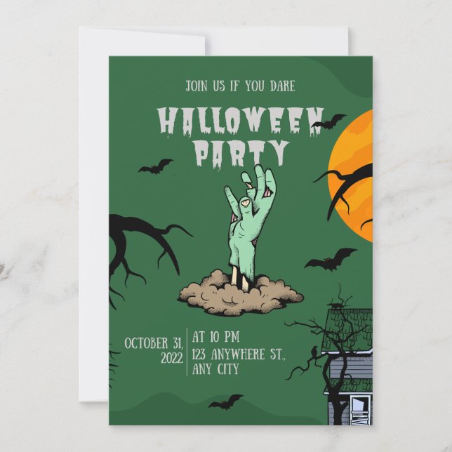 Invitation de la fête d'Halloween illustrée en ver (Devant)