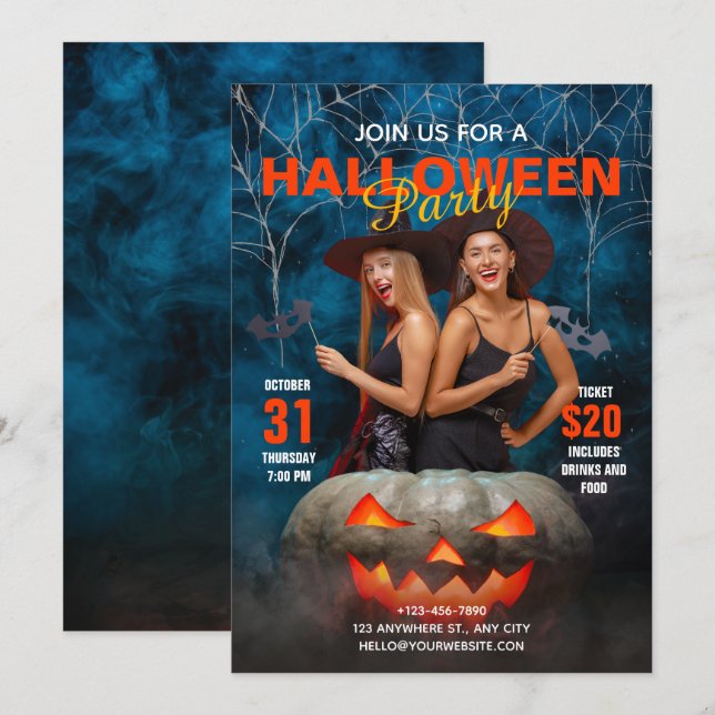 Invitation de la fête d'Halloween moderne bleu et  (Devant / Derrière)