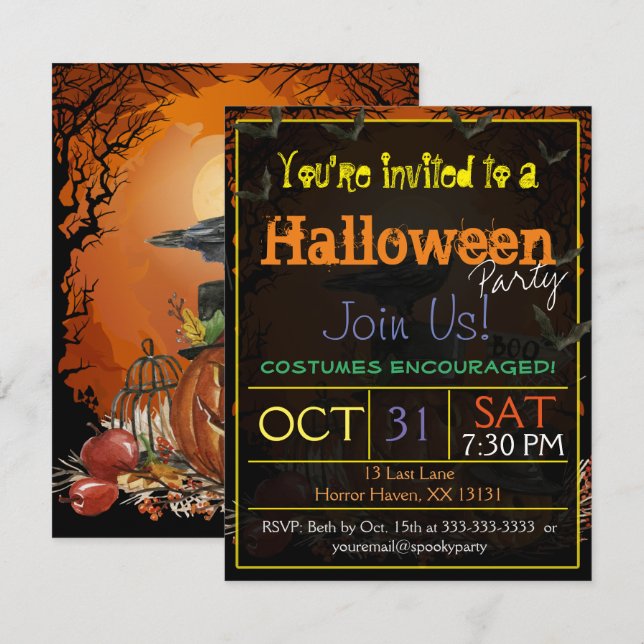 Invitation de la fête d'Halloween Raven (Devant / Derrière)