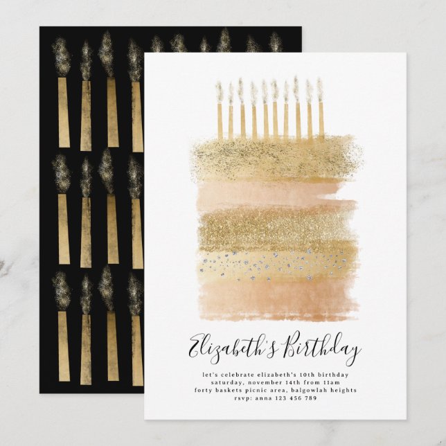 Invitation de la fête du gâteau Gold Filles parkly (Devant / Derrière)