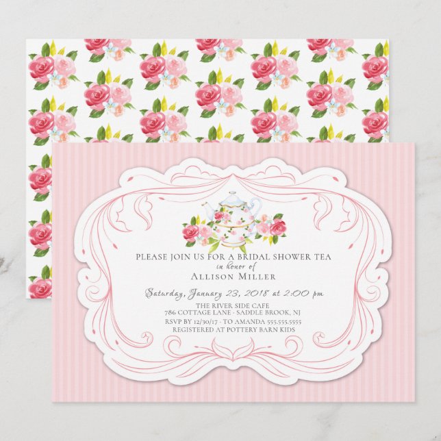 Invitation de la fête du thé de la nuptiale Rose v (Devant / Derrière)