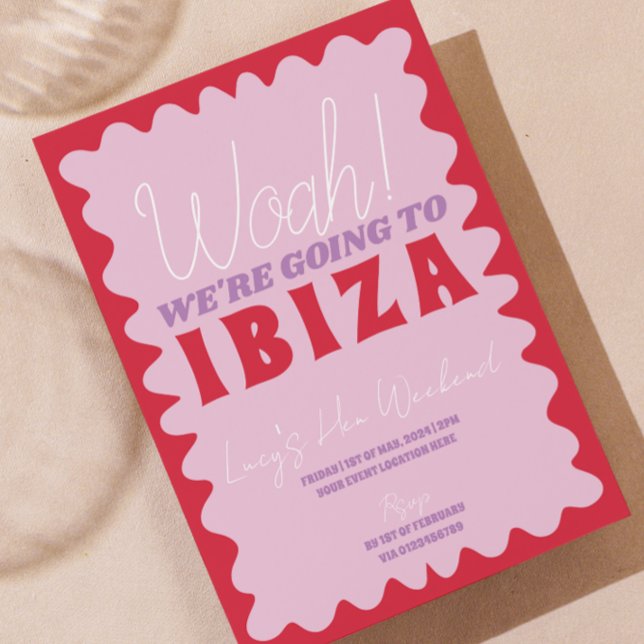 Invitation de la fête du week-end à Ibiza rouge ro (red and pink retro wavy ibiza hen do invite)