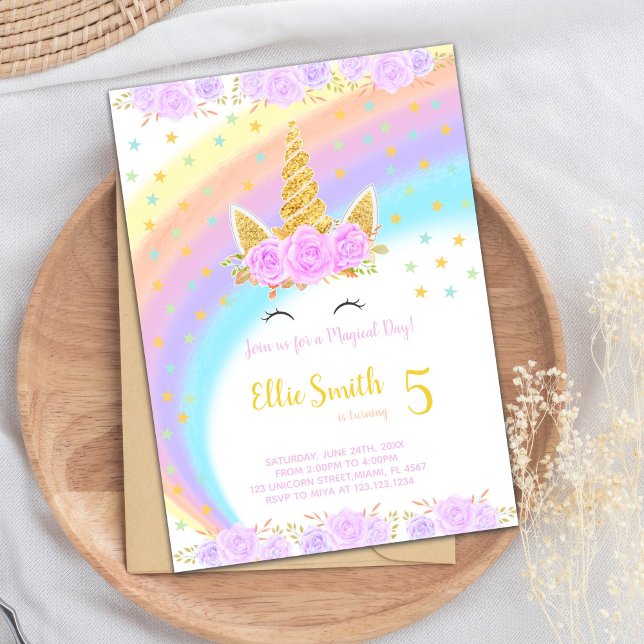 Invitation de la fête magique et colorée (Floral Rainbow Unicorn Birthday Invitations)