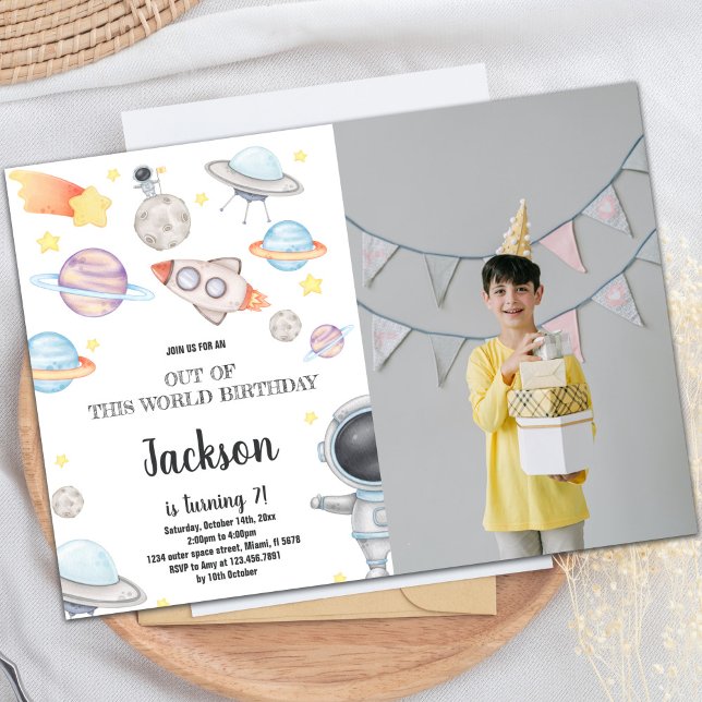 Invitation de la fête personnalisée Galaxy pour en (Outer Space Birthday Invitations with photo)