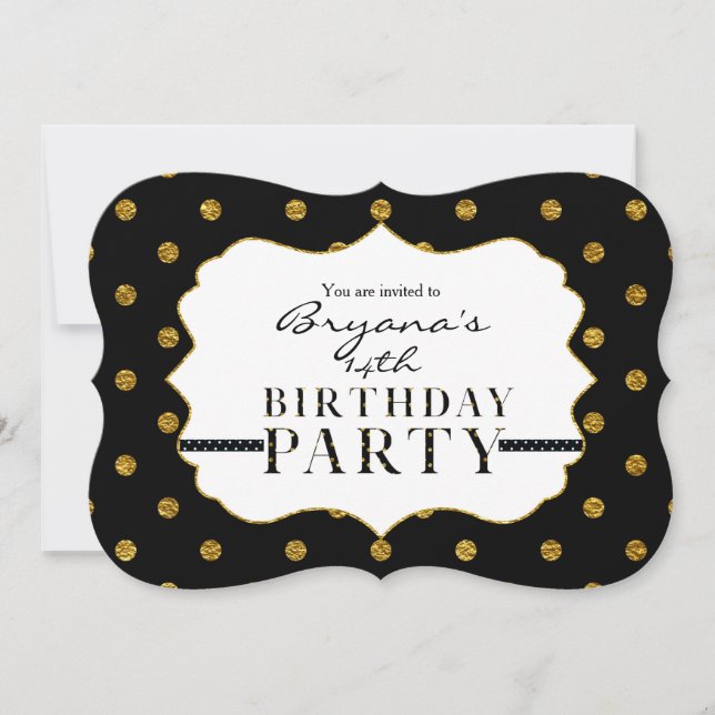 Invitation de la fête Pois Black & Gold Faux (Devant)
