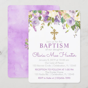 Invitation de la fille florale pourpre Baptême