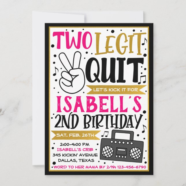 Invitation de la fille Two Legit to Quit, 2e anniv (Devant)