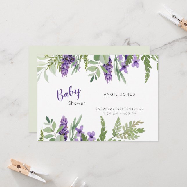 Invitation de la lavande et du baby shower de la m (Devant/Arrière en situation)