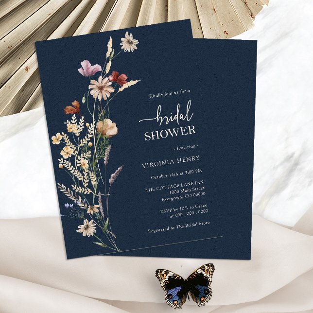 Invitation de la marine Blue Boho Floral Bridal (Navy Blue Boho Floral Bridal Shower Invitation by Painted Paperie
)