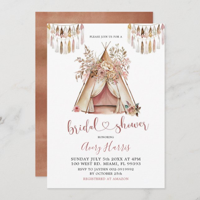 Invitation de la nuptiale Boho Teepee (Devant / Derrière)