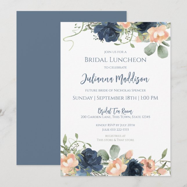 Invitation de la nuptiale florale bleu et bleu (Devant / Derrière)