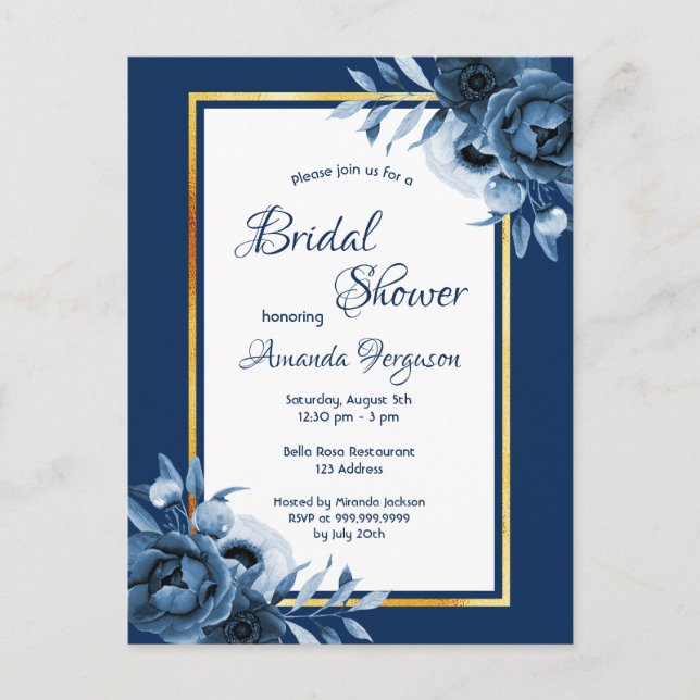 Invitation de la nuptiale marine bleu floral or (Devant)