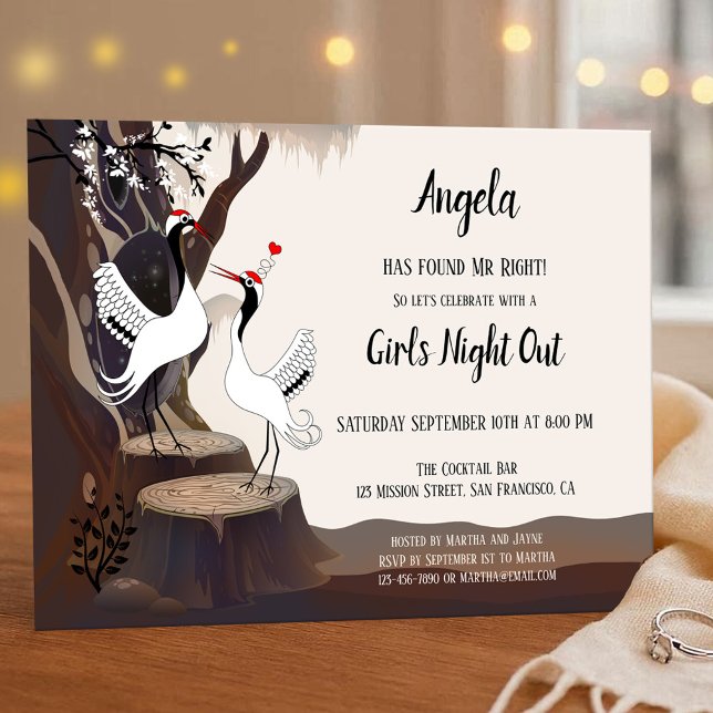 Invitation de la partie de bachelorette des Grues  (Whimsical bachelorette party invitation featuring a drawing of two Japanese cranes in a forest)