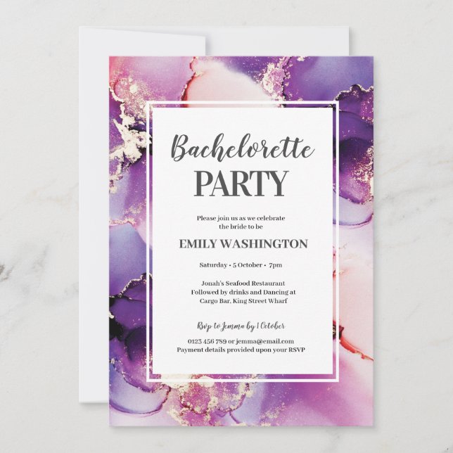 Invitation de la partie de bachelorette d'or pourp (Devant)