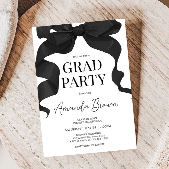 Invitation de la partie de graduation de Black Bow (Black Bow Minimalist Graduation Party Invitation)