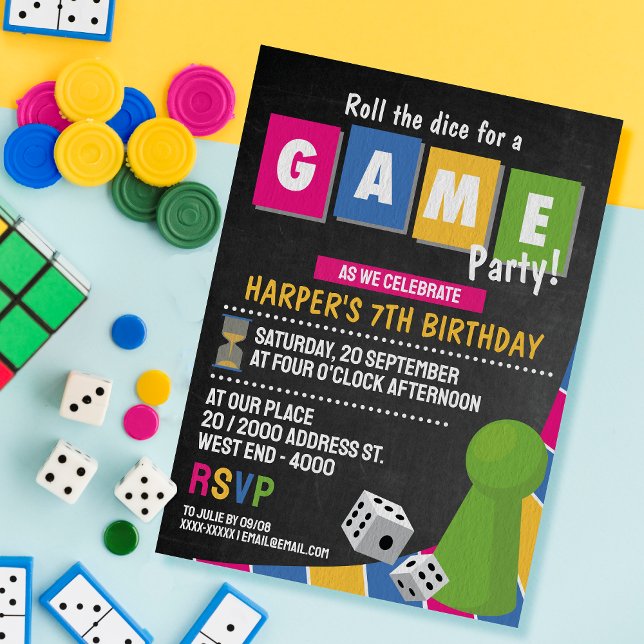 Invitation de la partie de jeu du conseil (Board Game Party - Get ready to level up the celebration as we roll the dice, spin the spinner!)