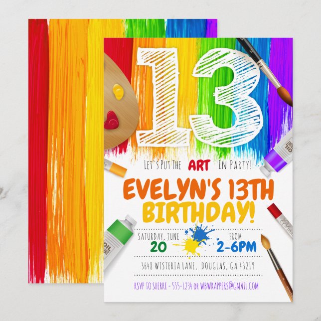 Invitation de la partie de peinture, fête d'annive (Devant / Derrière)