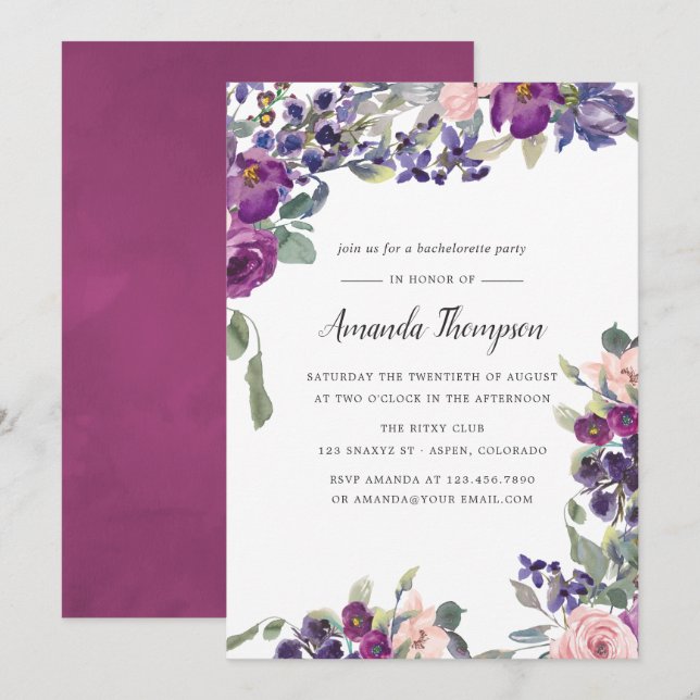 Invitation de la partie de violet et de prune flor (Devant / Derrière)