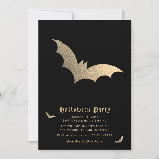 Invitation de la partie d'Halloween Bat d'or noir (Devant)
