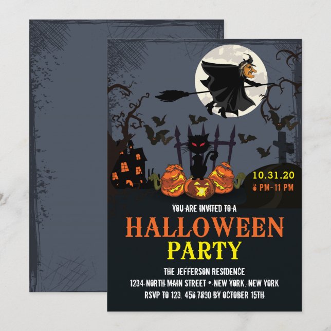 Invitation de la partie d'Halloween Black Sorcière (Devant / Derrière)