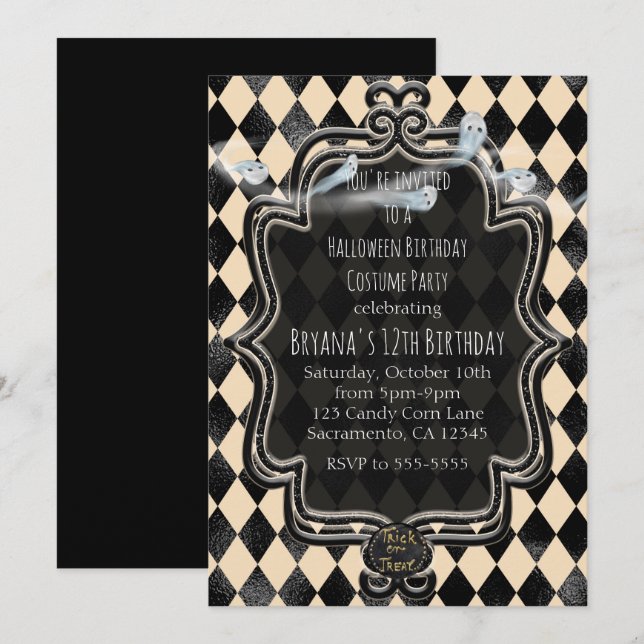 Invitation de la partie d'Halloween en noir et crè (Devant / Derrière)