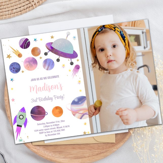 Invitation de la partie Enfants de l'espace extern (Purple Planets Birthday Invitations with photo)