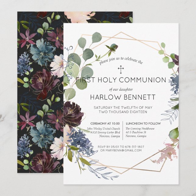 Invitation de la première communion florale géomét (Devant / Derrière)