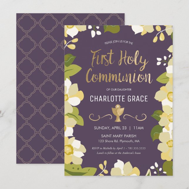 Invitation de la première sainte communion, Floral (Devant / Derrière)