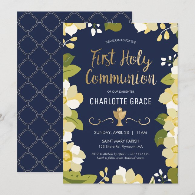 Invitation de la première sainte communion, Floral (Devant / Derrière)