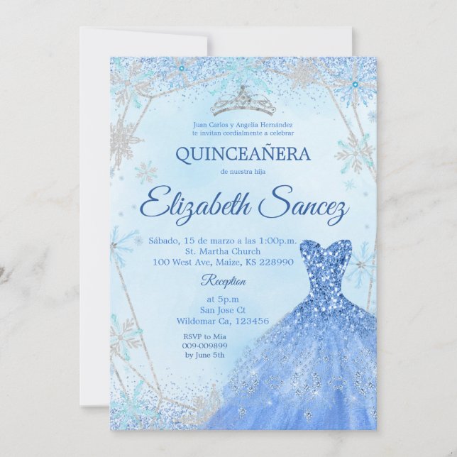 Invitation de la Quinceanera d'hiver bleu et argen (Devant)