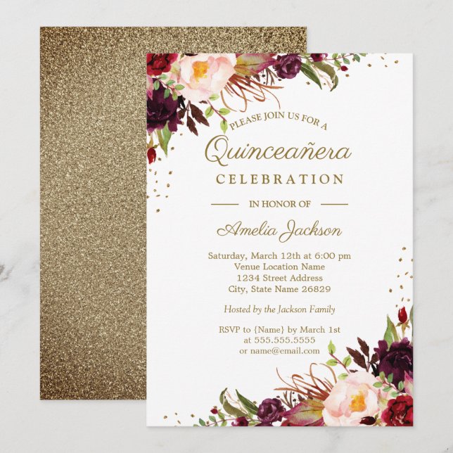 Invitation de la Quinceanera d'or à l'aquarelle fl (Devant / Derrière)