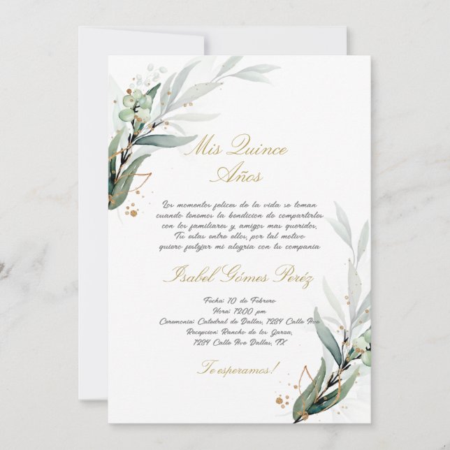 Invitation de la Quinceanera verte en espagnol (Devant)