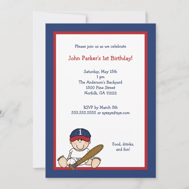 Invitation de la Red Navy Blue Baseball 1er Birthd (Devant)