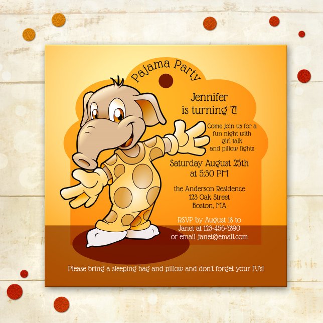 Invitation de l'Anniversaire de enfant Stwood ou P (A colorful pajama child birthday invitation with a cute elephant, fun girl talk and pillow fights)