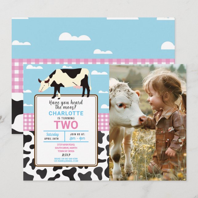 Invitation de l'anniversaire de la vache Deux 2e f (Devant / Derrière)