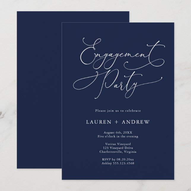 Invitation de l'Elegant Navy Blue Engagement Party (Devant / Derrière)