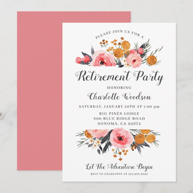 Invitation de l'élégante fête de retraite florale (Devant / Derrière)