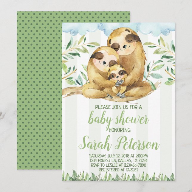 Invitation de l'invitation du Baby shower Sloth (Devant / Derrière)