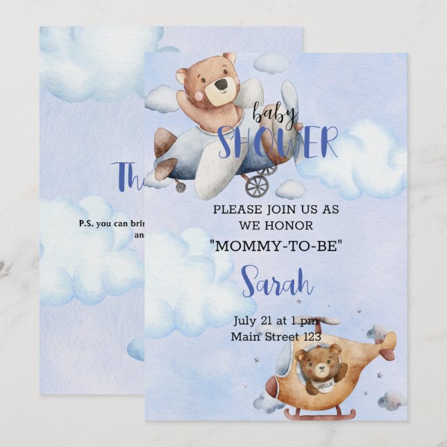 Invitation De L'Ours Dans Le Baby shower De L'Avio (Devant / Derrière)