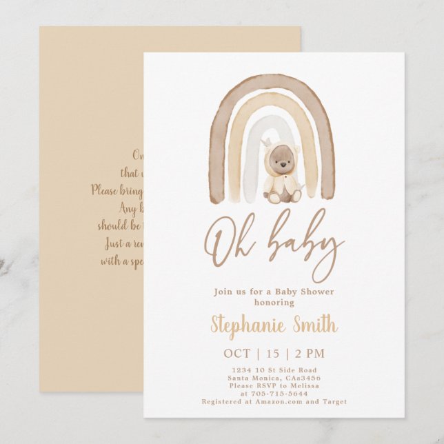 Invitation de l'ours en peluche et du Baby shower  (Devant / Derrière)