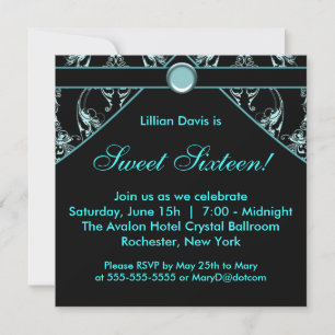 Invitation de l'Sweet sixteen de Damas noir Turquo