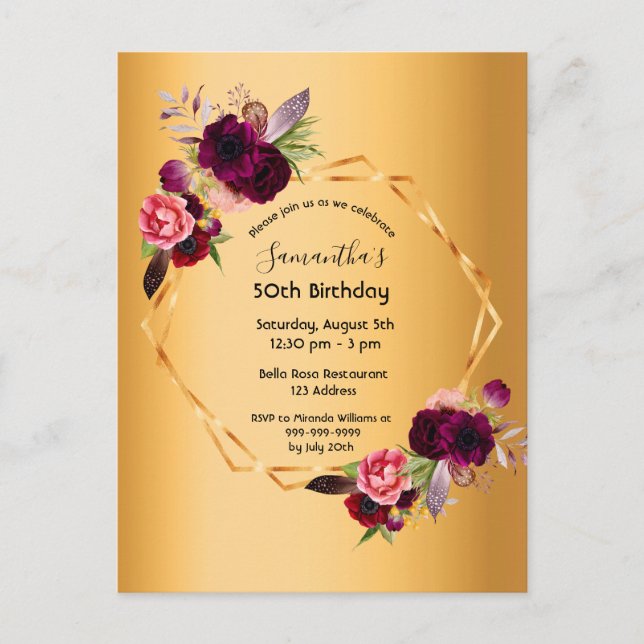 Invitation de luxe florale dorée pour fête d'anniv (Devant)