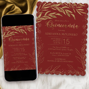 Invitation de luxe Quinceanera rouge et feuilles d