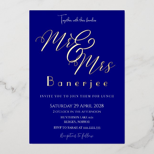 Invitation de M. & Mme Marine Mariage bleu Foil (Recto)
