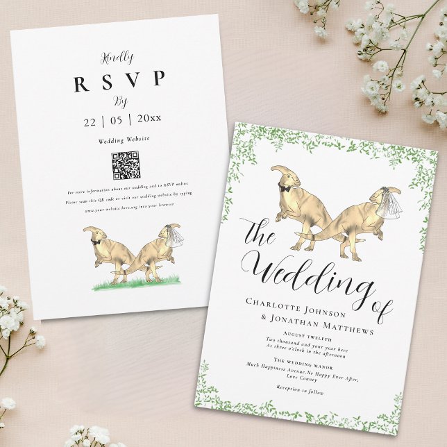 Invitation de mariage à code QR sur le thème des d (Cute Dinosaur theme wedding QR Code invitation parasaurolophus Dinosaur bride and groom greenery)